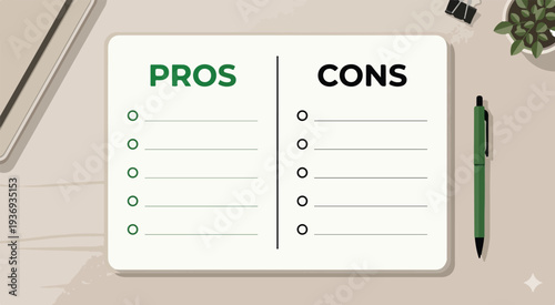 Notebook Pros and Cons List with Pen | Editable & creative Vector Illustration for Business Decision Making.