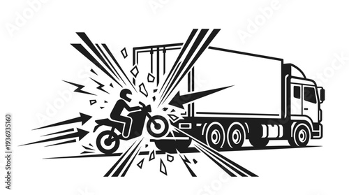 Front-Angle Black and White Motorcycle Collision with Semi-Truck on a Road, Dynamic Road Accident Scene with Debris