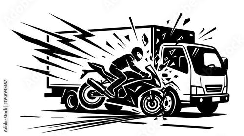 Dynamic Black and White Motorcycle Collision with Delivery Truck on a Road, Vehicle Accident Illustration with Impact