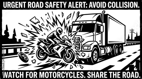 Urgent Road Safety Alert Motorcycle and Semi-Truck Collision, Black and White Traffic Accident with Awareness Text in Urban Background