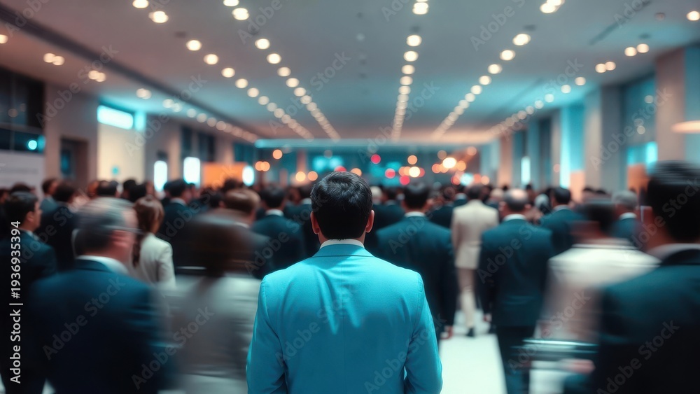 Naklejka premium Business professionals attending corporate conference in modern auditorium with warm lighting and networking atmosphere