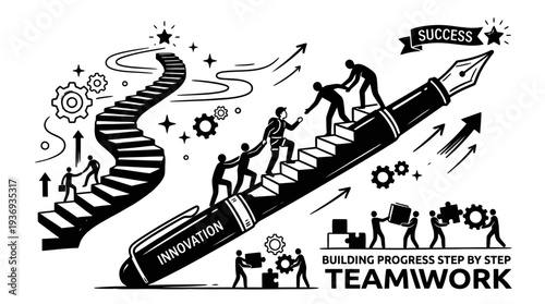 Collaborative Team Pushing Innovation Ink Pen Building Progress Step By Step Towards Success Banner in Bright Studio Background; Concept of Teamwork and Stepwise Achievement