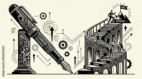 Detailed People Climbing Spiral Ink Pen Staircase Towards Goal Flag with Business Concepts Like Success and Growth in Bright Studio Background; Comprehensive Business Journey Illustration