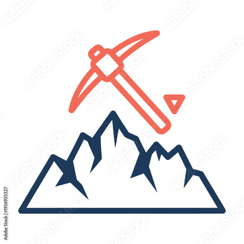Mining pickaxe striking a diamond against a rugged mountain range symbolizing hard work and discovery