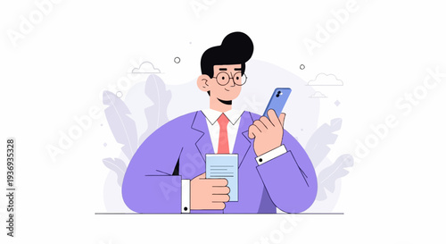 A man in a suit holds a phone and a document, smiling while looking at his device