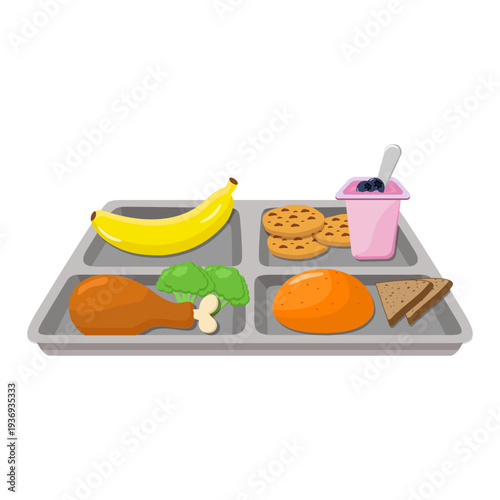 School lunch tray with balanced nutrition and milk cartoon vector