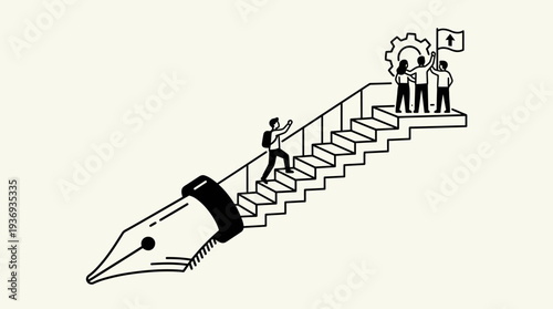 People Climbing Ink Pen Stairs Towards Goal with Gear and Flag Symbolizing Teamwork and Progress in Bright Studio Background; Concept of Collaborative Success