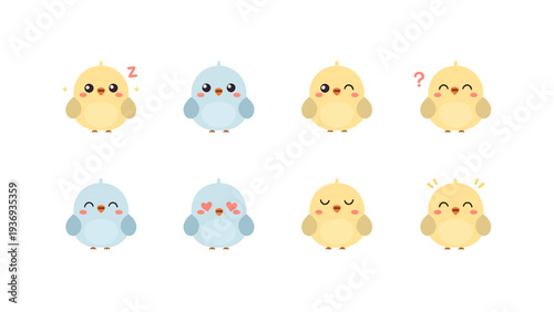 Cute Bird Face Expression Flat Icon Set