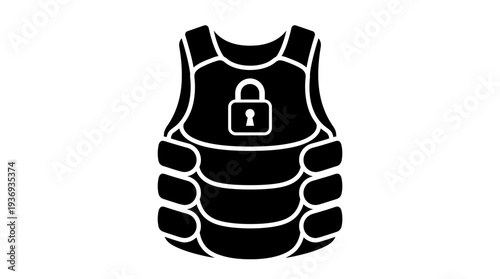 Black Bulletproof Vest with Padlock Icon Isolated White Background; Body Armor Protection Symbol with Lock Glyph