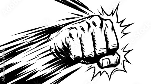 Powerful Fist Punching Through Wall Isolated White Background; Dynamic Hand Impacting Barrier with Force