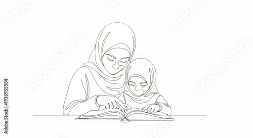 Mother and daughter wearing hijabs reading a book together, continuous line art illustration