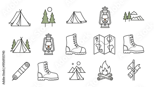 Camping Icons: Tent, Boots, Lantern, Map, Fire, Trees, Mountains, Axe