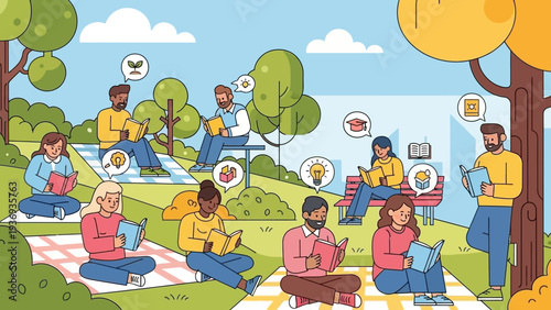 Diverse people reading books in a sunny park, learning and relaxation concept