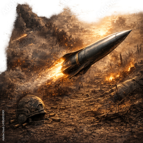 hypersonic missiles over a fiery battlefield, futuristic missiles in flight illustration, high-speed missile attack scene, advanced weaponry over war zone, blazing battlefield with hypersonic rockets,