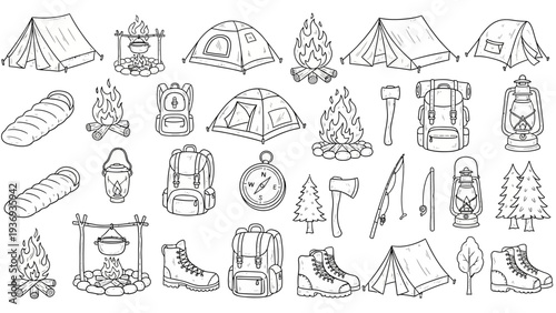 Camping Gear Doodle Set: Tents, Backpacks, Campfires, Sleeping Bags, Boots