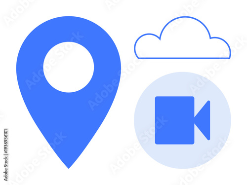 Geolocation, cloud technology, video communication, data sharing, remote connectivity, multimedia storage. Blue location pin, cloud outline video recorder symbol. Geolocation and cloud technology