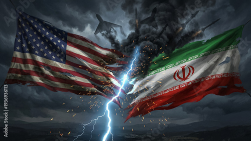 large scale war scene between usa and iran with torn national flags divided by electric discharge against combat aviation rocket launches and dark sky