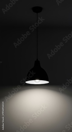 A single minimalist pendant light fixture hangs unlit from a high ceiling, emphasizing architectural simplicity and shadow play ,illumination ,architecture ,vertical
