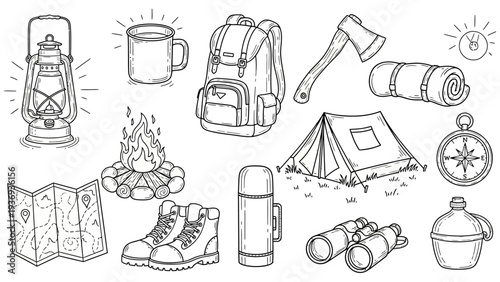 Camping Gear Set: Tent, Backpack, Lantern, Axe, Map, Boots, Compass