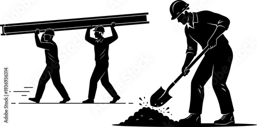 Construction workers silhouettes illustration, safety helmets and work attire, industrial job site concept, carrying beams, shoveling dirt teamwork, occupational safety representation