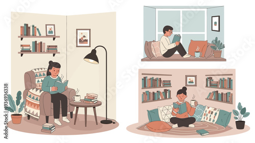 Cozy Reading Nook: People Relaxing and Enjoying Books Indoors