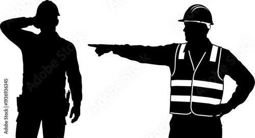 Construction workers silhouette illustration, pointing direction, safety vest, hard hat, teamwork communication, construction site guidance, labor industry, safety awareness, building site instruction