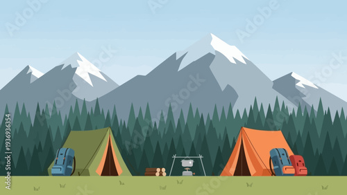 Camping scene with tents, backpacks, and campfire in front of snowy mountains