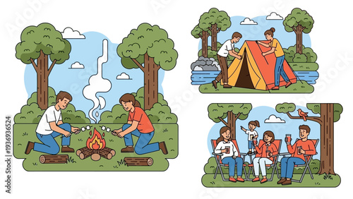 Family Camping Adventure: Setting Up Tent, Roasting Marshmallows, Relaxing by Campfire