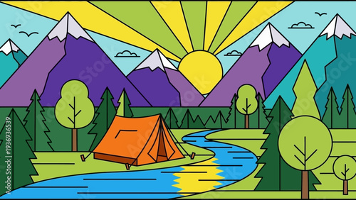 Vibrant Mountain Landscape with Tent and River, Geometric Style