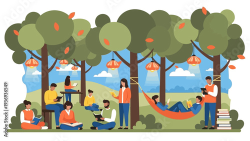 People reading books in a park, enjoying nature and leisure time.