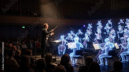 Conductor Leads Symphony Orchestra on Dark Stage with Projected Musicians