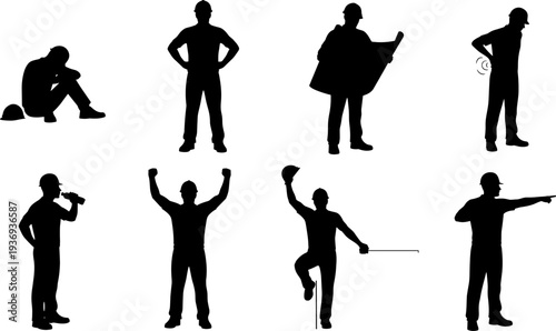 Construction workers silhouette set, various poses and activities, safety helmet illustration, occupational emotions, industrial job site concept, hydration, planning, celebration, direction giving