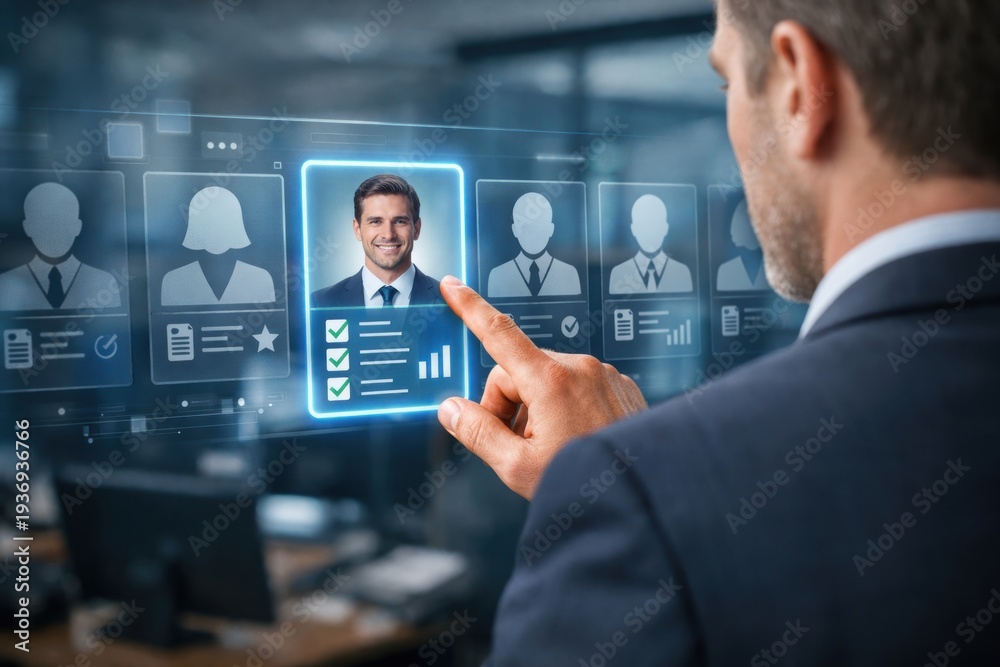 Fototapeta premium Human resources executive analyzing candidate skills and checklist on futuristic holographic display