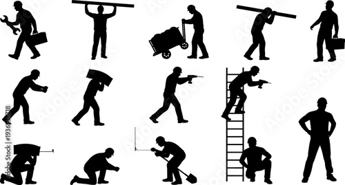 Construction workers silhouettes illustration set, safety helmets and vests, industrial job site concept, manual labor activities, teamwork collaboration, occupational safety representation