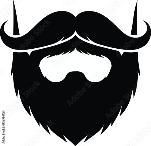 Black silhouette of masculine beard and mustache with handlebar style, gentleman facial hair icon for barbershop, isolated on white background