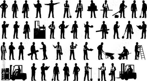 Construction workers silhouettes illustration set, safety helmets and vests, industrial job site concept, teamwork collaboration, manual labor activities, occupational safety representation