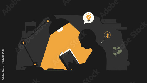 Silhouette of person reading book under desk lamp, gaining knowledge and ideas