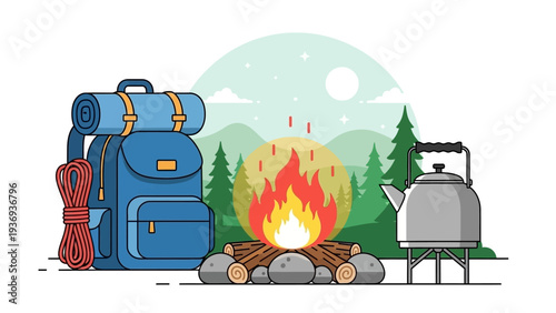 Camping Adventure: Backpack, Bonfire, Kettle, and Forest Landscape Flat Illustration