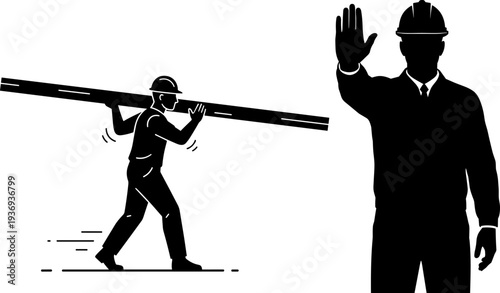 Construction workers silhouettes illustration, safety helmet and vest, industrial job site concept, carrying beam, stop gesture supervision, occupational safety representation