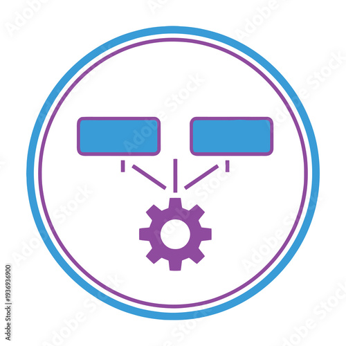 Bright animated character with gear shaped mouth and rectangular eyes smiling cheerfully inside a vibrant circular frame featuring contrasting turquoise and magenta outlines