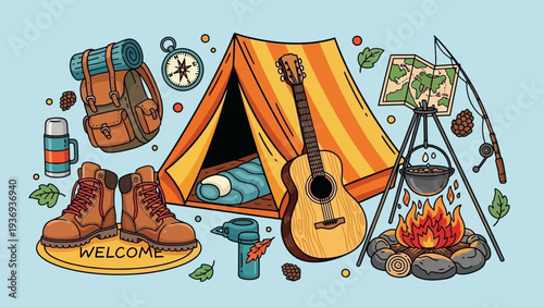 Camping Adventure Gear: Tent, Guitar, Backpack, Boots, Campfire, Fishing Rod