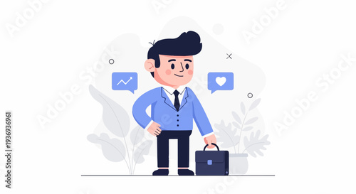 A cheerful businessman in a blue suit carries a briefcase, with icons symbolizing growth and likes