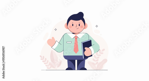 A smiling cartoon man in a suit, holding a tablet, gives a thumbs up
