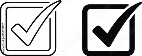 Check mark icon set in square box, featuring thin outline and bold solid styles for checklist, approval, and completion symbols.