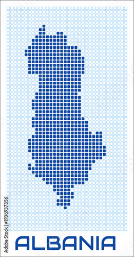 Albania dot map. Dotted shape of the country. Albania boundary dots with title. Vector illustration.