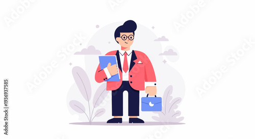 Professional man with glasses, suit, briefcase, and folder, illustrated