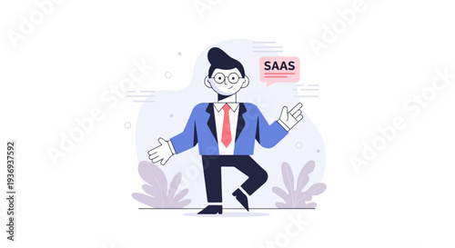 A cartoon businessman in a suit, with a tie, points and gestures