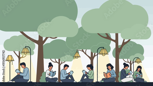 People Reading Books Outdoors Under Trees and Lamps