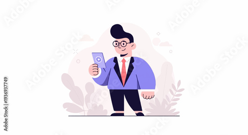 A man in glasses and a suit holds a phone in a stylized cartoon background