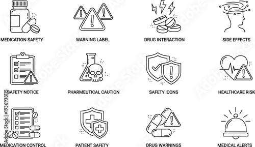WebMedical and pharmaceutical safety icon set featuring medication warnings drug interactions patient safety healthcare risks and clinical caution symbols in line (exactly 20 words)